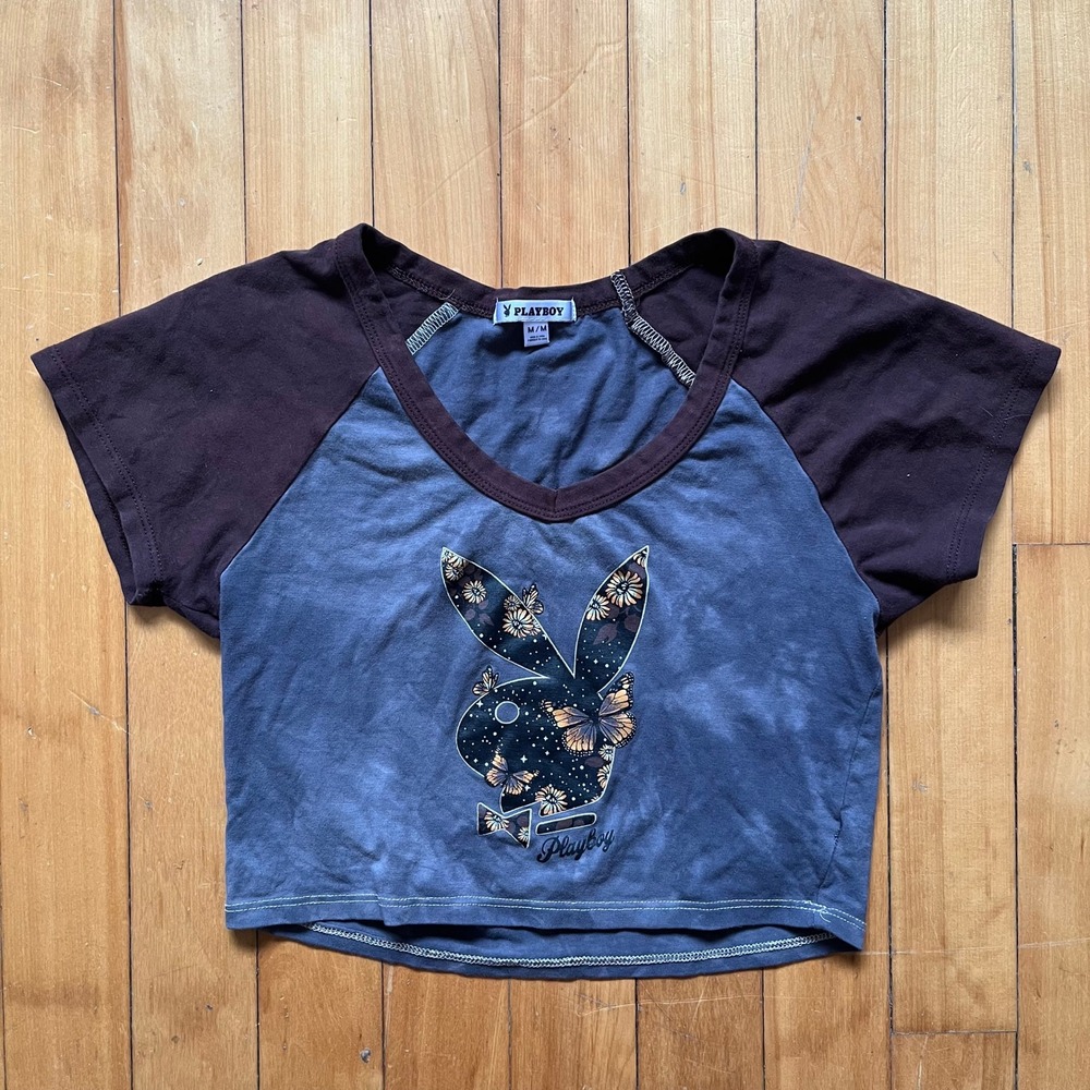 Playboy Bunny Graphic Crop Raglan T Shirt Womens M Brown Blue Butterfly Floral